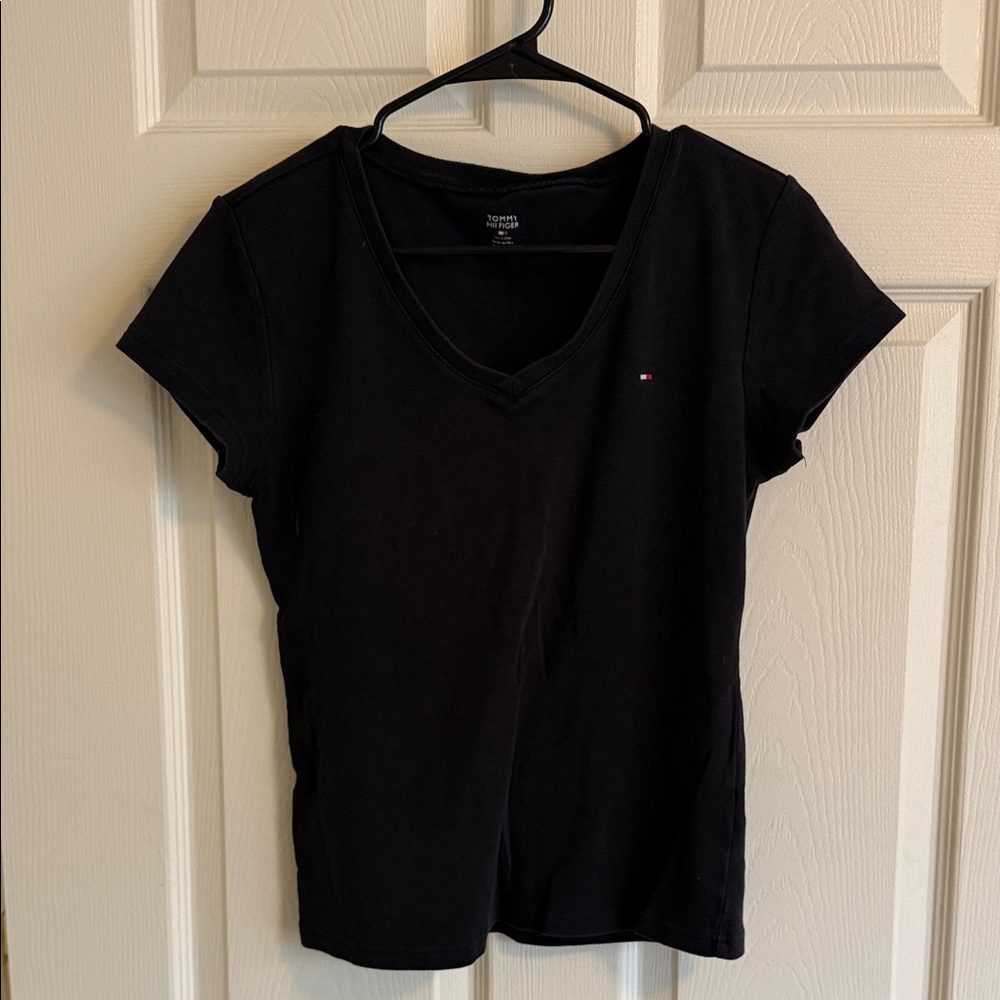 Tommy Hilfiger Black V-Neck Short Sleeve Tee with Flag Logo